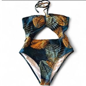 Cupshe One Piece Swimsuit Womens M Green and Golden Leaves Cutout